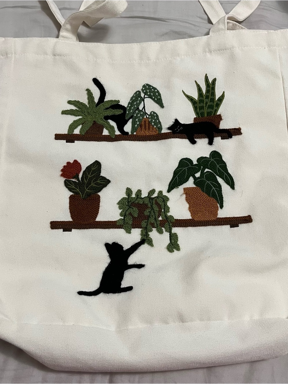 Canvas Tote Bag with Green Plant and Black Cat Embroidery